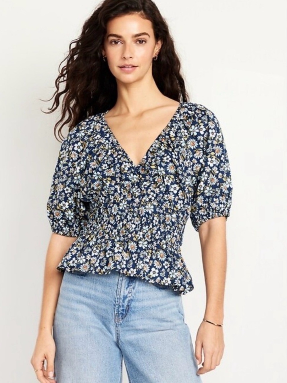 Old Navy Blue Floral Smocked Peplum Blouse Puff Sleeve Size Small